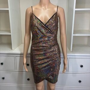 SABORA Womens Ruched Sequin Bodycon Mini Dress Sparkle